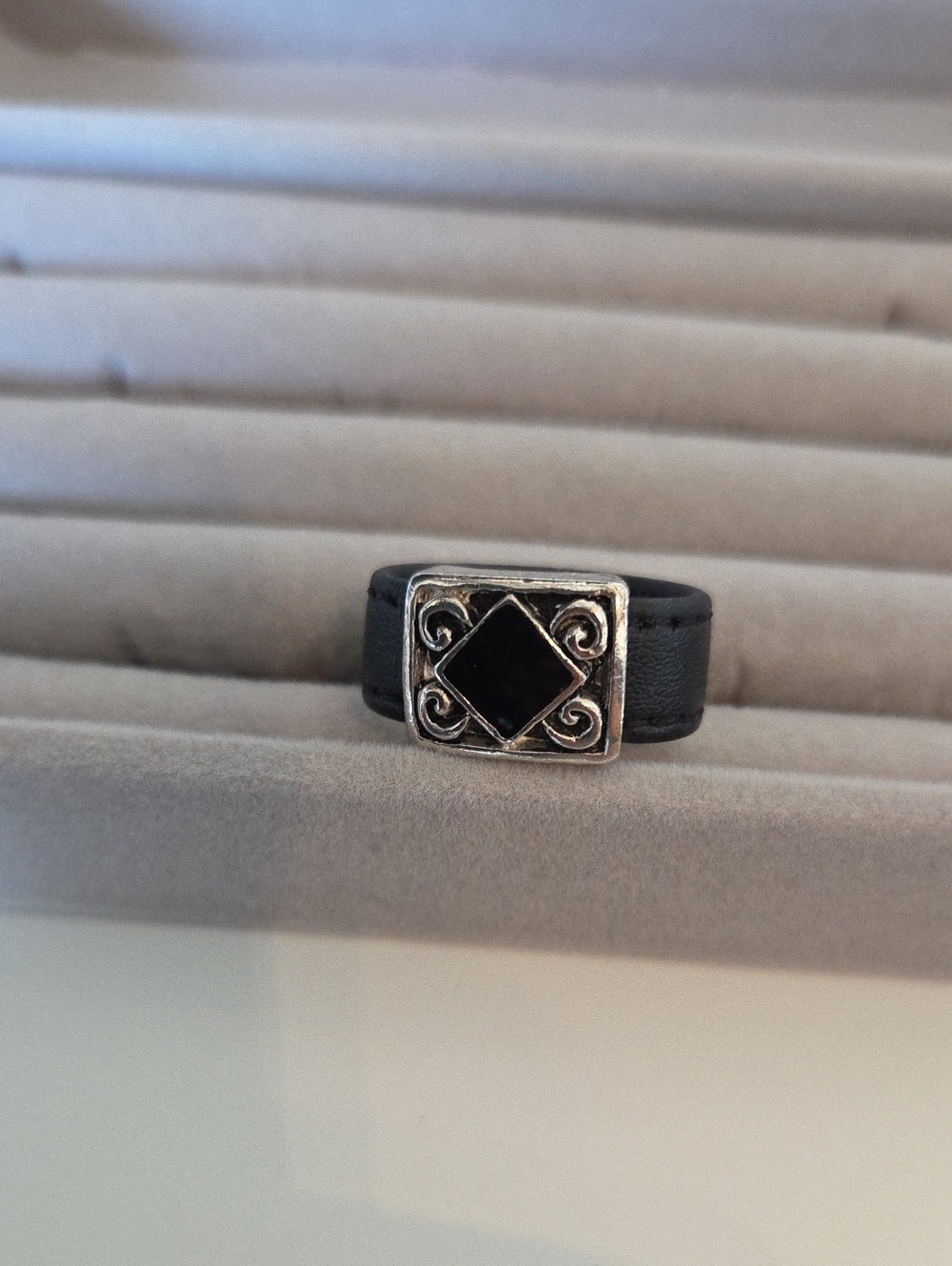 Black Leather Ring with Silver Scroll Accent
